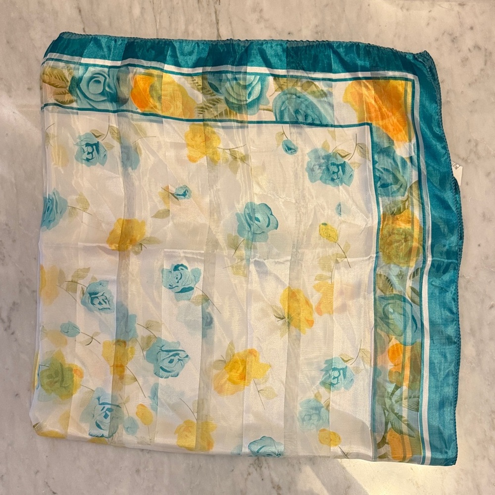Sheer Floral Scarf in Teal and Yellow